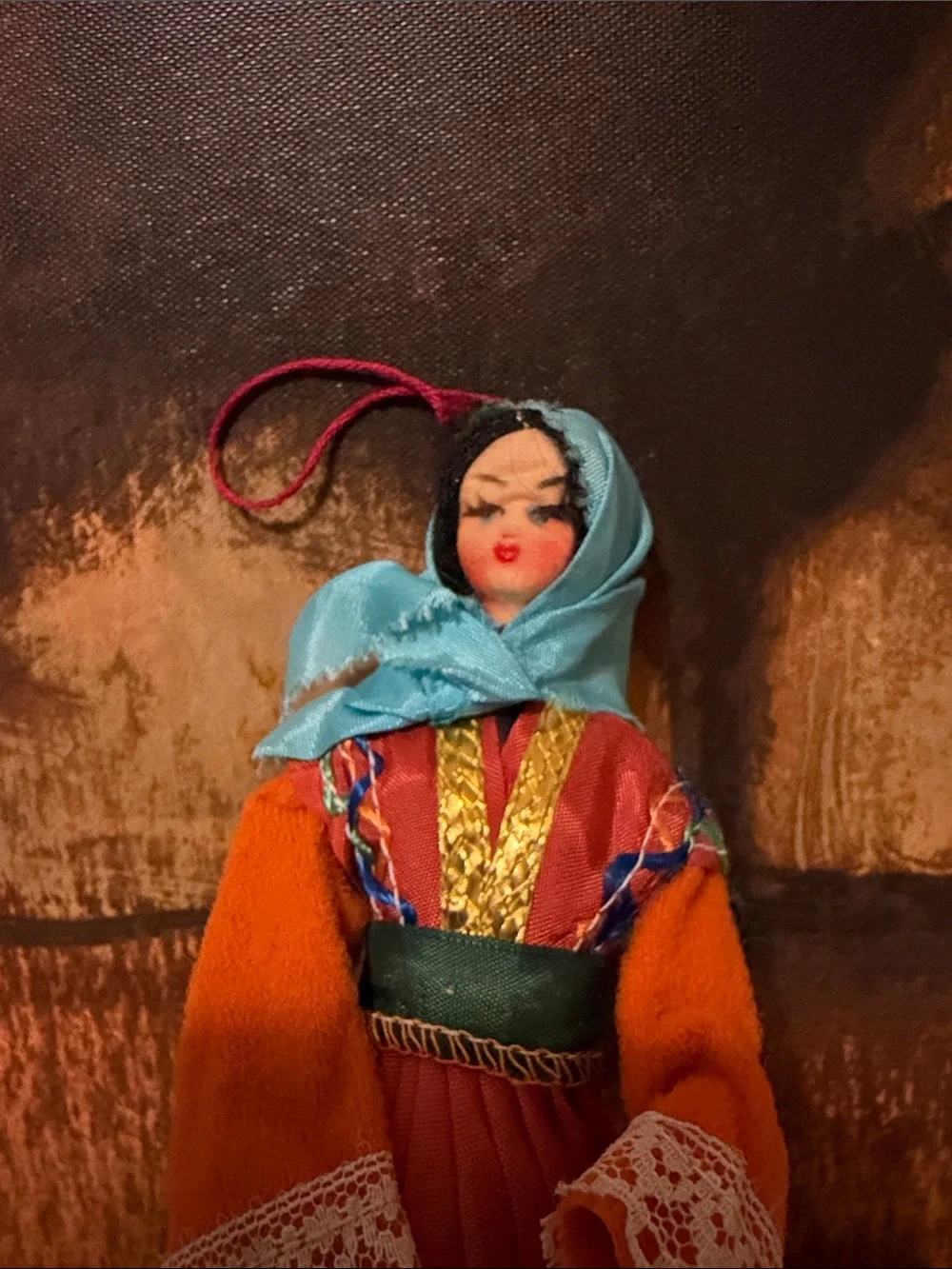 Handmade Orange Doll Ornament with Turquoise Scarf - Unbranded